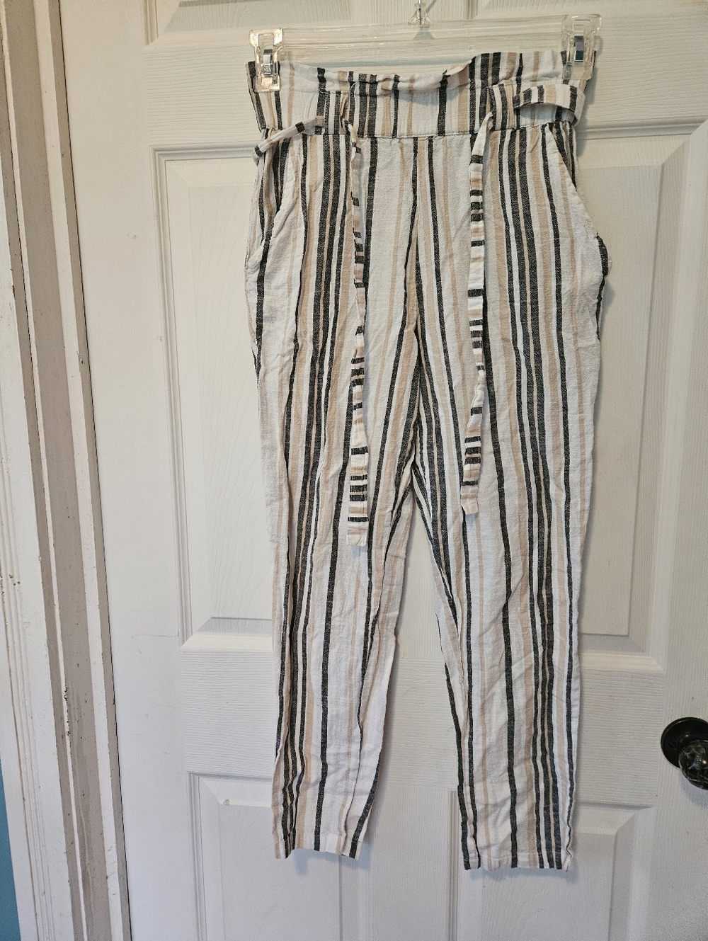 Striped Paperbag Waist Tie Pants - Cream & Black